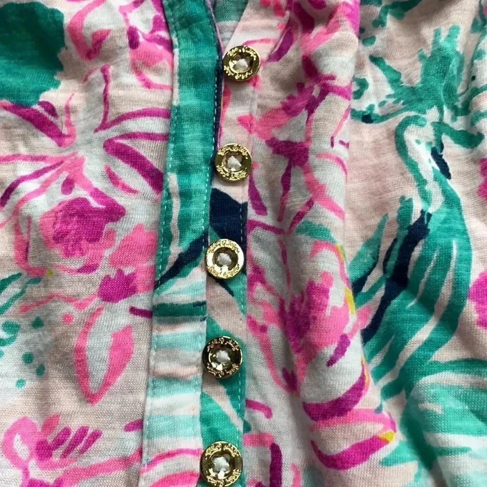 Lilly Pulitzer Via Flora design sleeveless top gold buttons. Pink aqua, size S - Picture 3 of 10